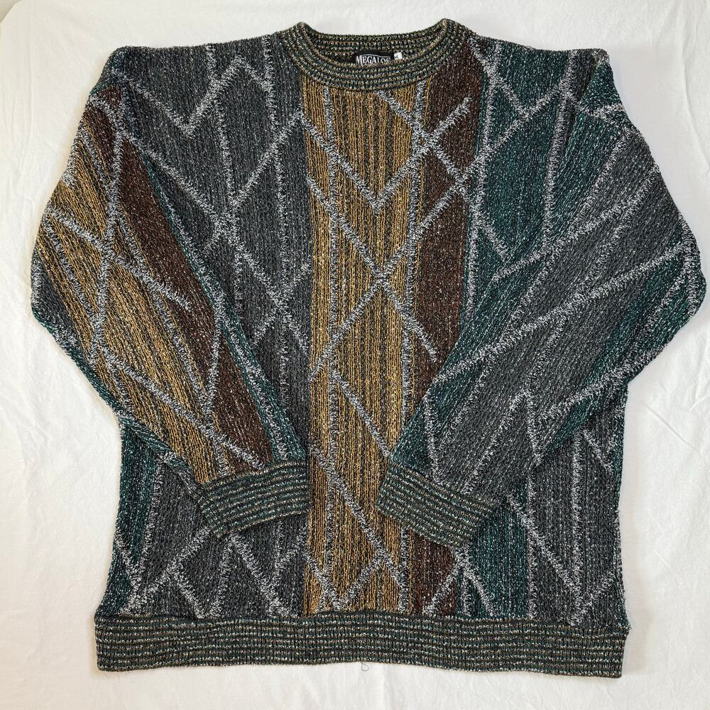 Megalos Chunky 3D Knit Coogi Inspired Sweater Size XL 90s Grandpa Pullover Cosby